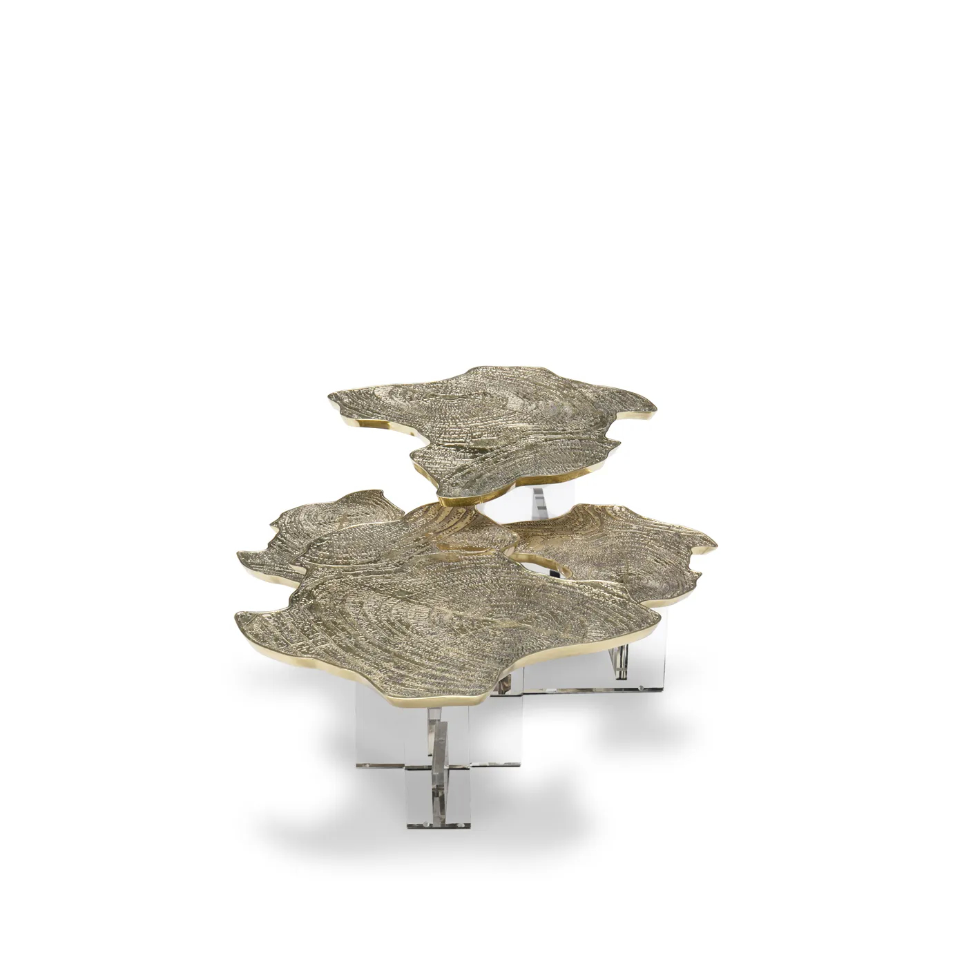 Side view showcasing the polished marble top and the intricate gold base design.