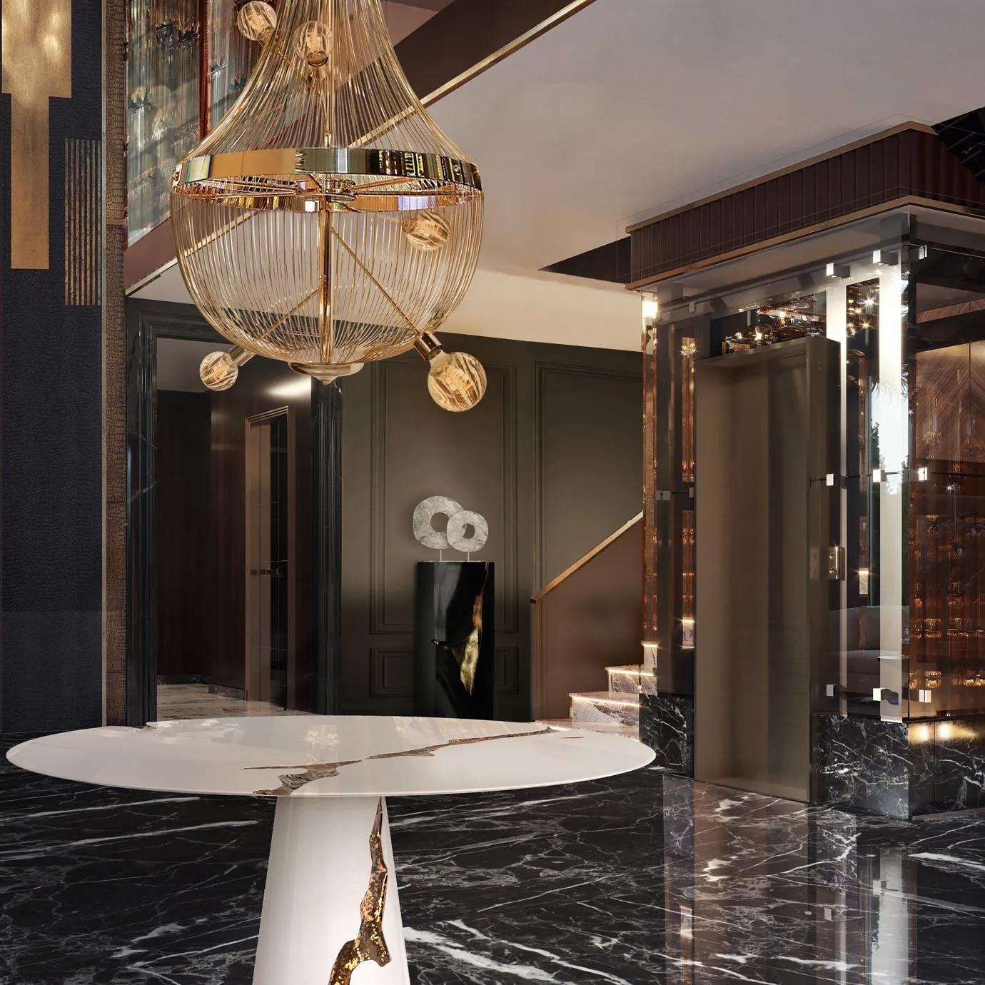 Chandelier with a striking, angular design and polished metal finish, offering modern elegance.