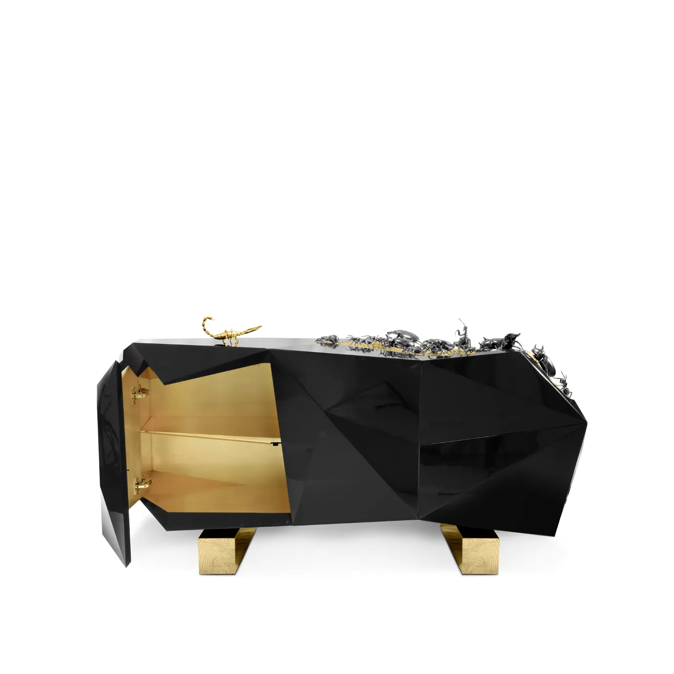 Diamond Metamorphosis sideboard with sculpted black wood, gold accents, and insect-inspired brass details.