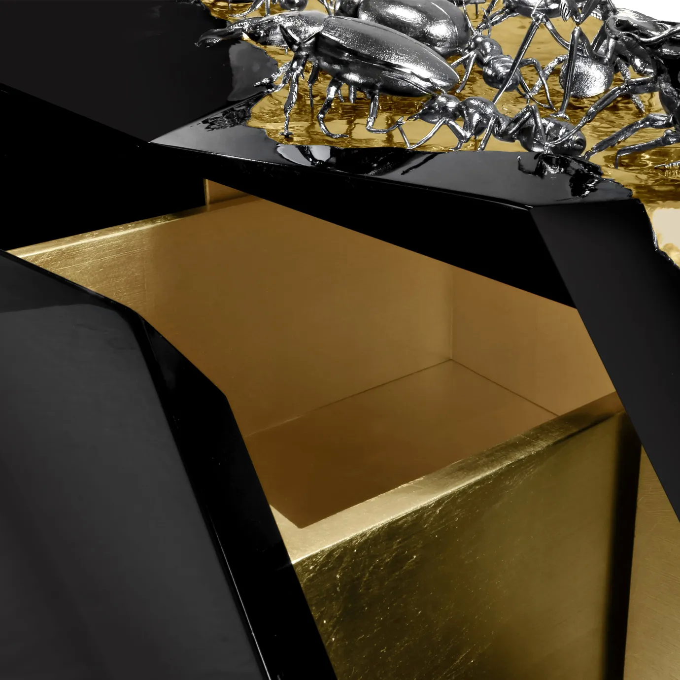 Diamond Metamorphosis sideboard with black lacquered wood, hammered brass, and insect-inspired accents.