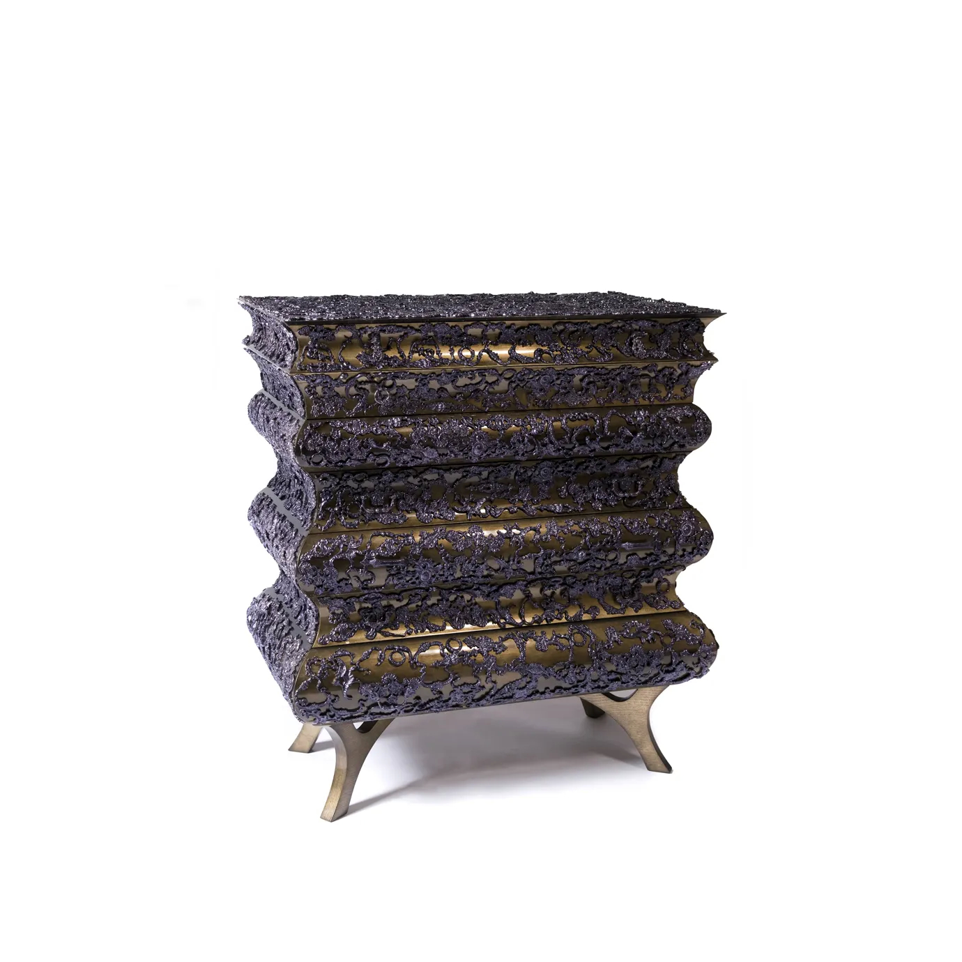 Crochet Chest with golden leaf finish, translucent black varnish, and seven drawers.