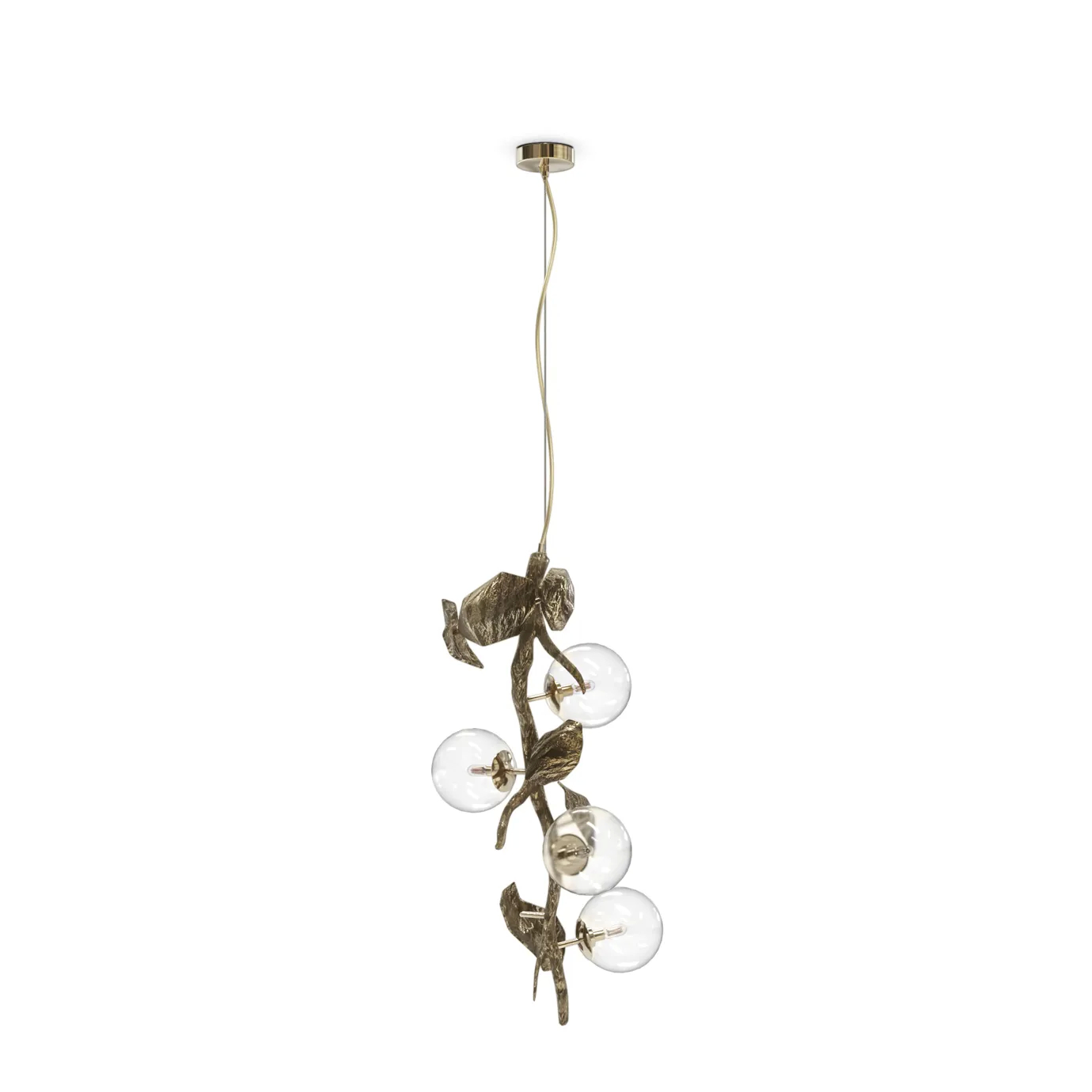 Elegant gold pendant light with layered metal leaves creating a warm, diffused glow.