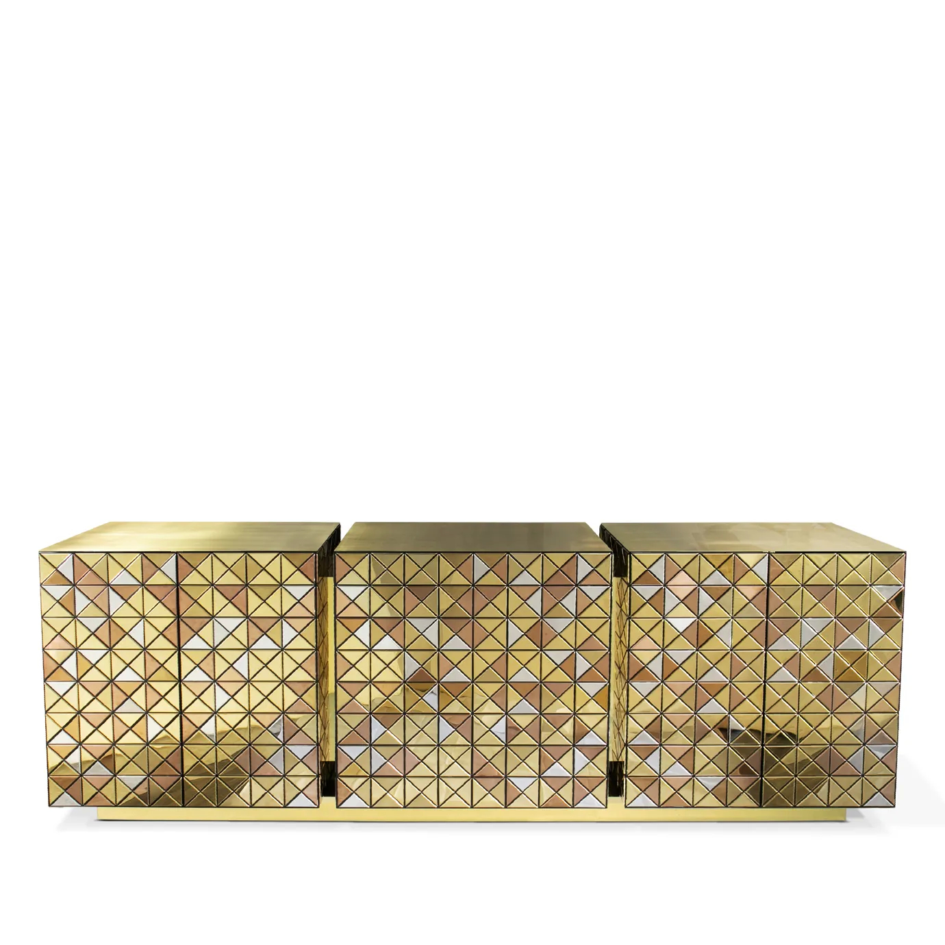 Pixel Sideboard with a textured metal facade featuring multicolored triangular patterns and a polished brass base.