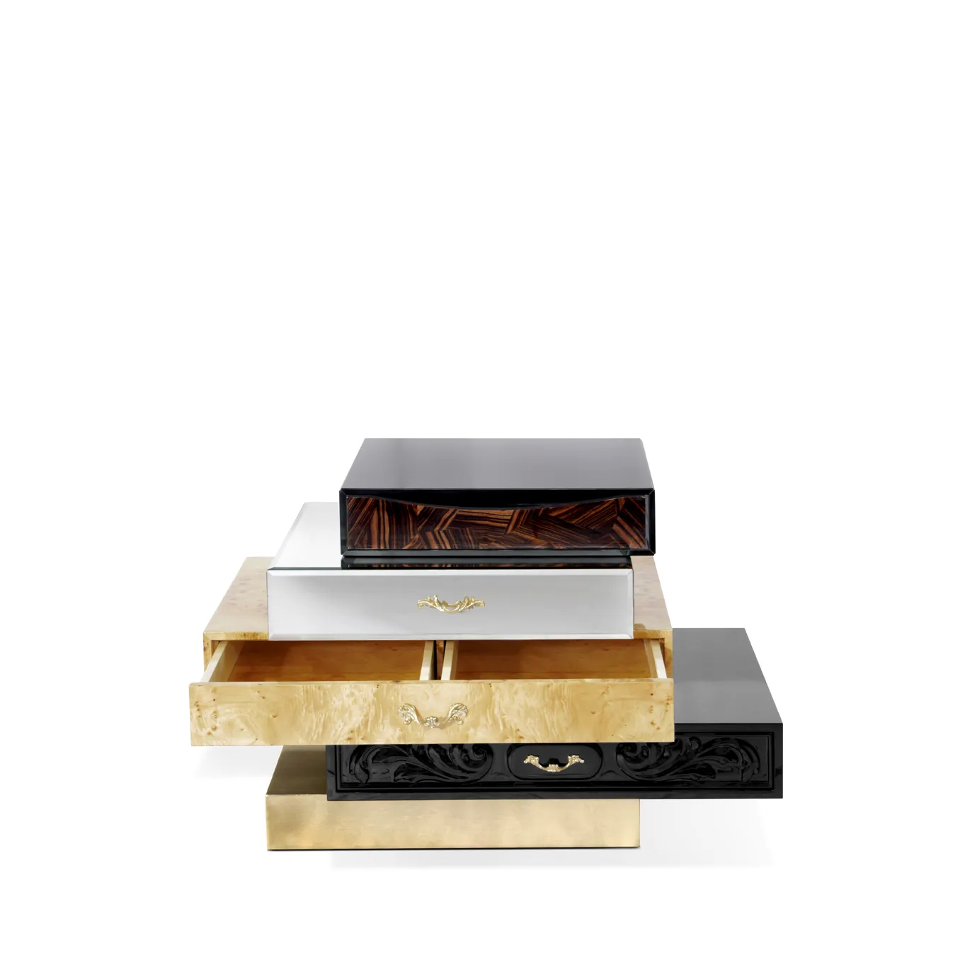 Modern dark wood nightstand with open drawer, revealing smooth interior compartment and showcasing minimalist design with geometric detailing