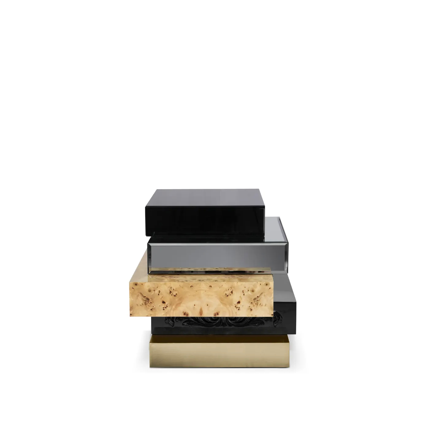 Modern dark wood nightstand, side view showcasing sleek profile, clean lines, and minimalist geometric drawer detailing