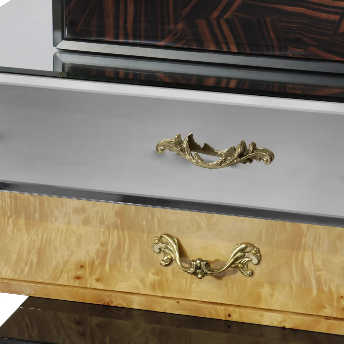 Close-up detail of the Frank Nightstand’s drawer front, highlighting rich dark wood texture and subtle geometric design in minimalist style