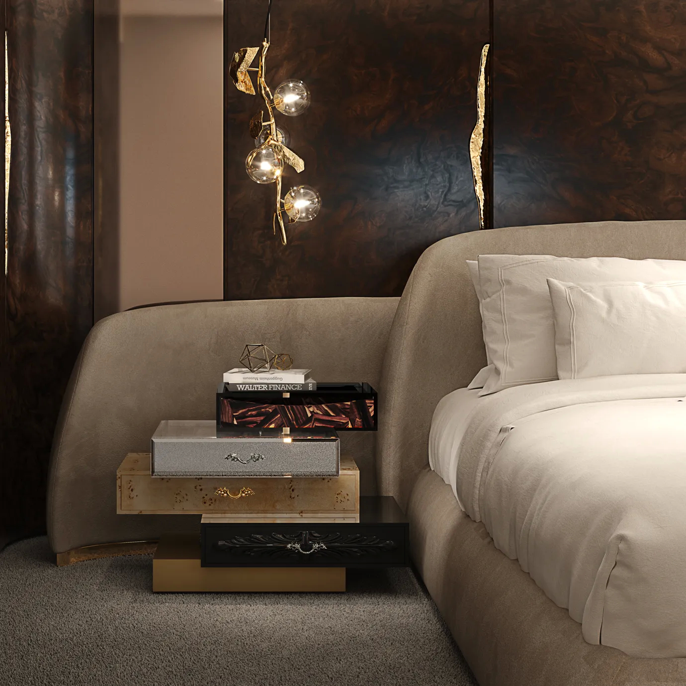 Modern dark wood nightstand placed beside a bed in a minimalist bedroom, highlighting sleek design, clean lines, and functional elegance