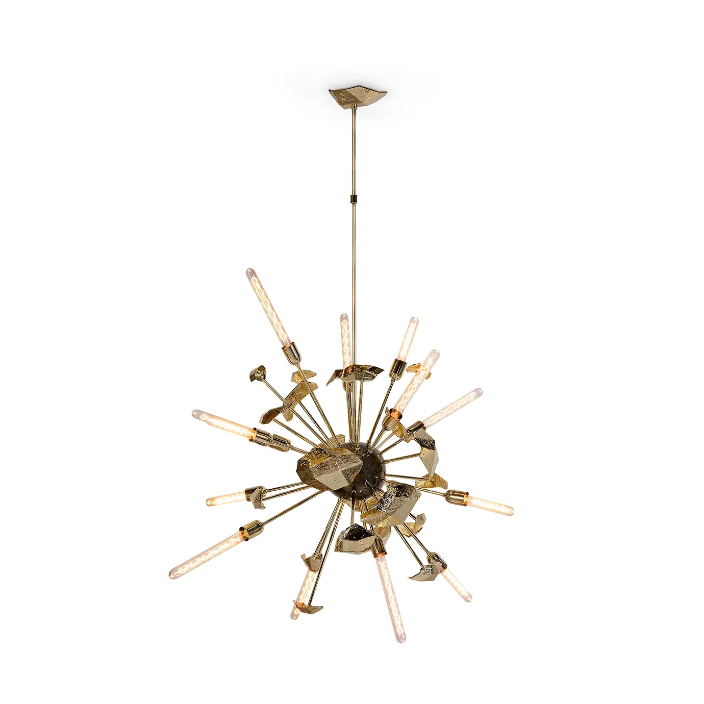 Modern Supernova chandelier with a dynamic, starburst design, featuring sleek metal rays and a polished finish for a bold, contemporary lighting statement