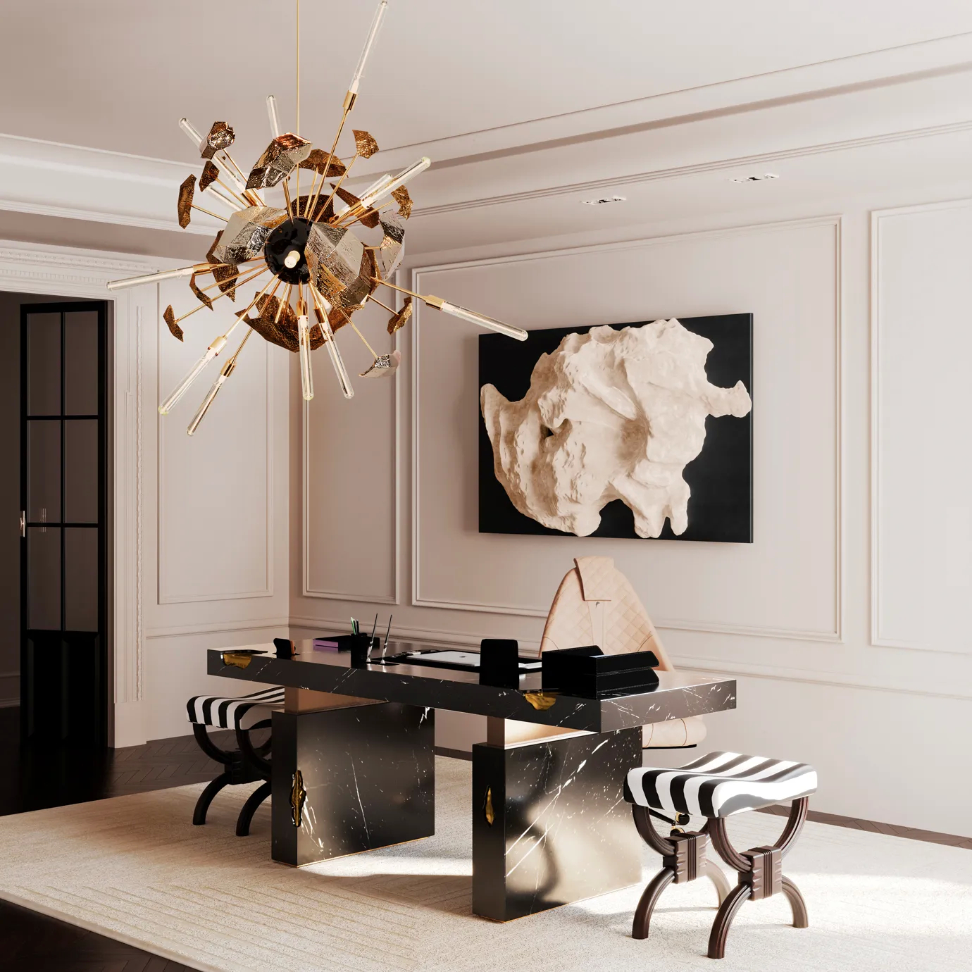 Supernova chandelier suspended in a contemporary living room, making a bold style statement with its dynamic starburst design and polished metallic finish