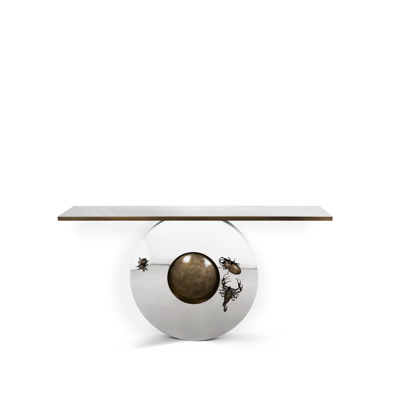 Metamorphosis Console with a sleek, minimalist design and an oval base featuring insect-inspired details.