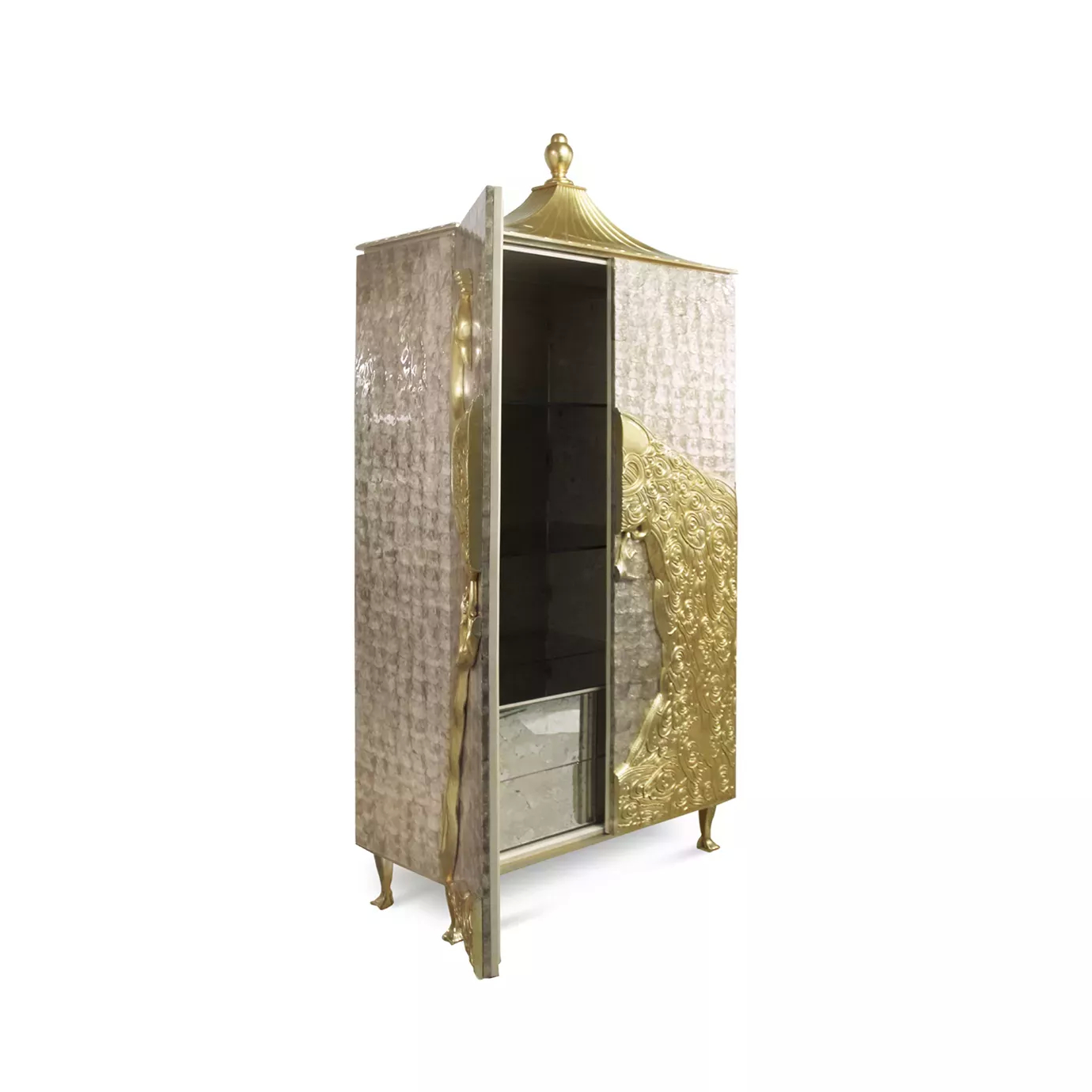 A stunning Camilia Mother of Pearl Armoire with one door slightly ajar, revealing its interior. It features a gold peacock design.