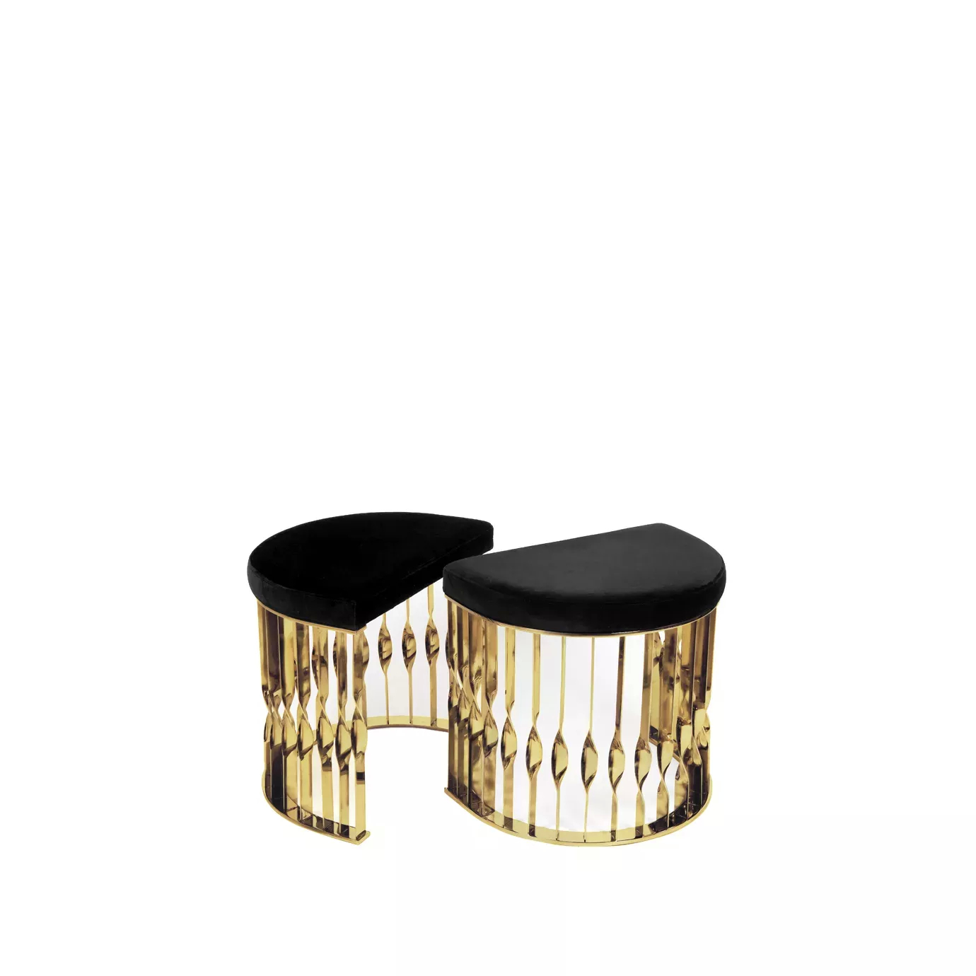 Two opulent Koket Mandy Stools with black velvet half-moon seats and striking gold, twisted bases, arranged side by side.