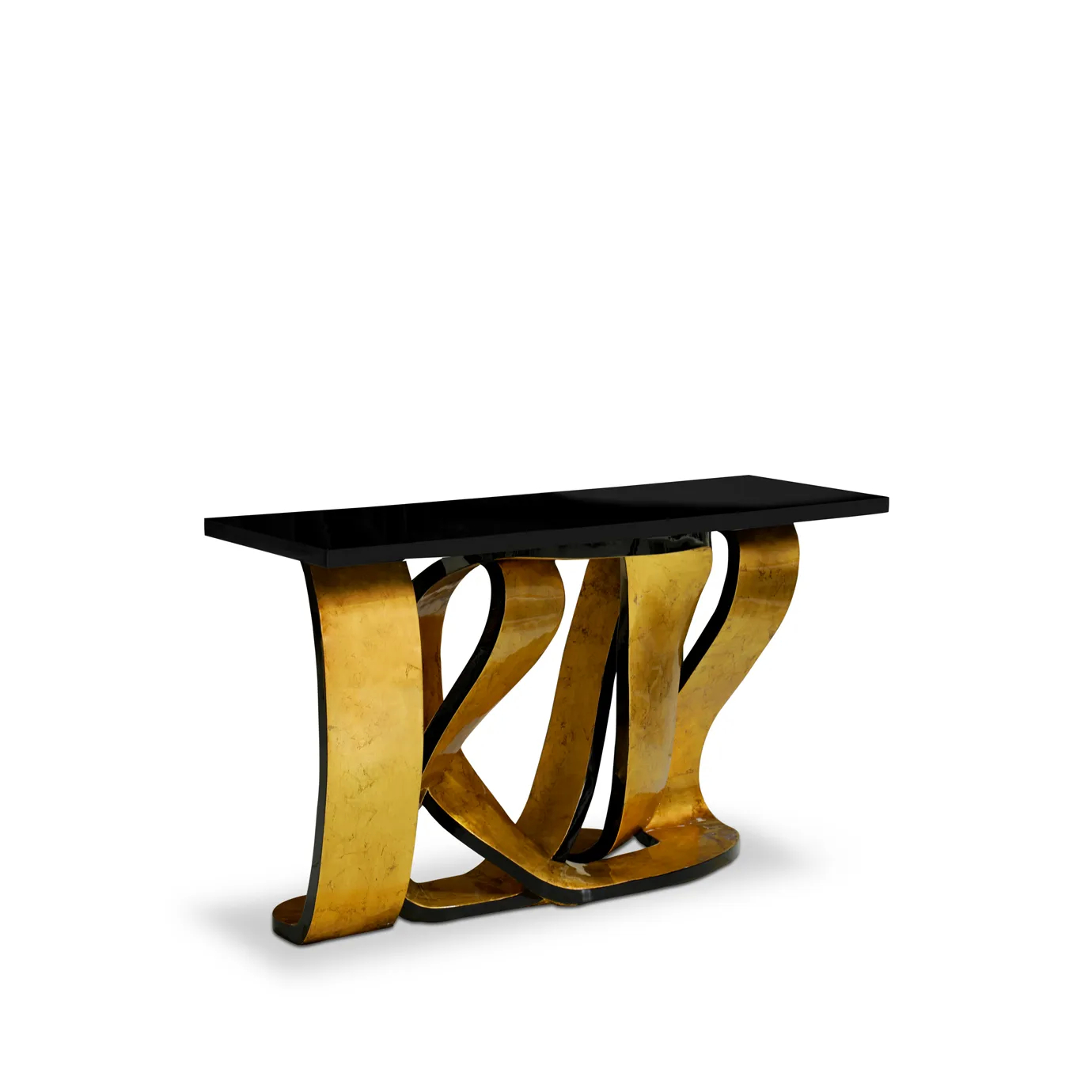 A Ribbon Broken Gold Leaf Console by Koket features a black lacquered top and a base of intertwined gold ribbons.