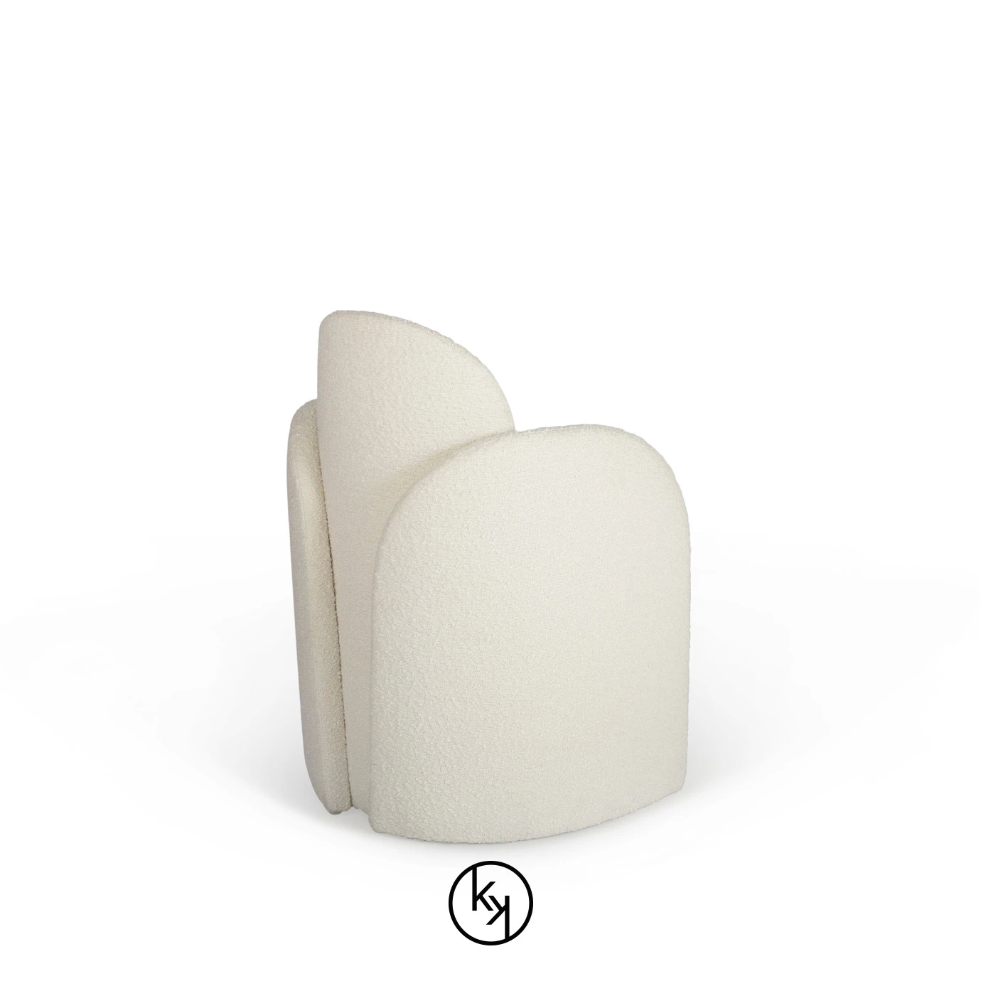 A cream-colored, plush Oh là là Chair by Koket, viewed from the back, highlighting its curved design and soft, textured upholstery.