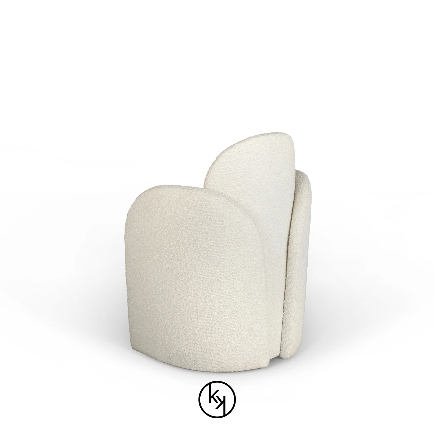 A cream-colored, plush Oh là là Chair by Koket, viewed from the rear, showcasing its curved form and soft, inviting texture.