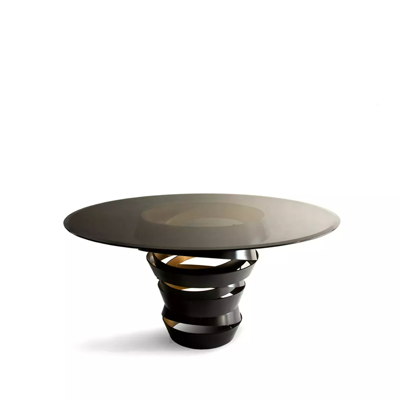 Intuition Dining Table: Smoked glass tabletop on a swirling two-tone metal structure, black on the outside and golden on the inside.