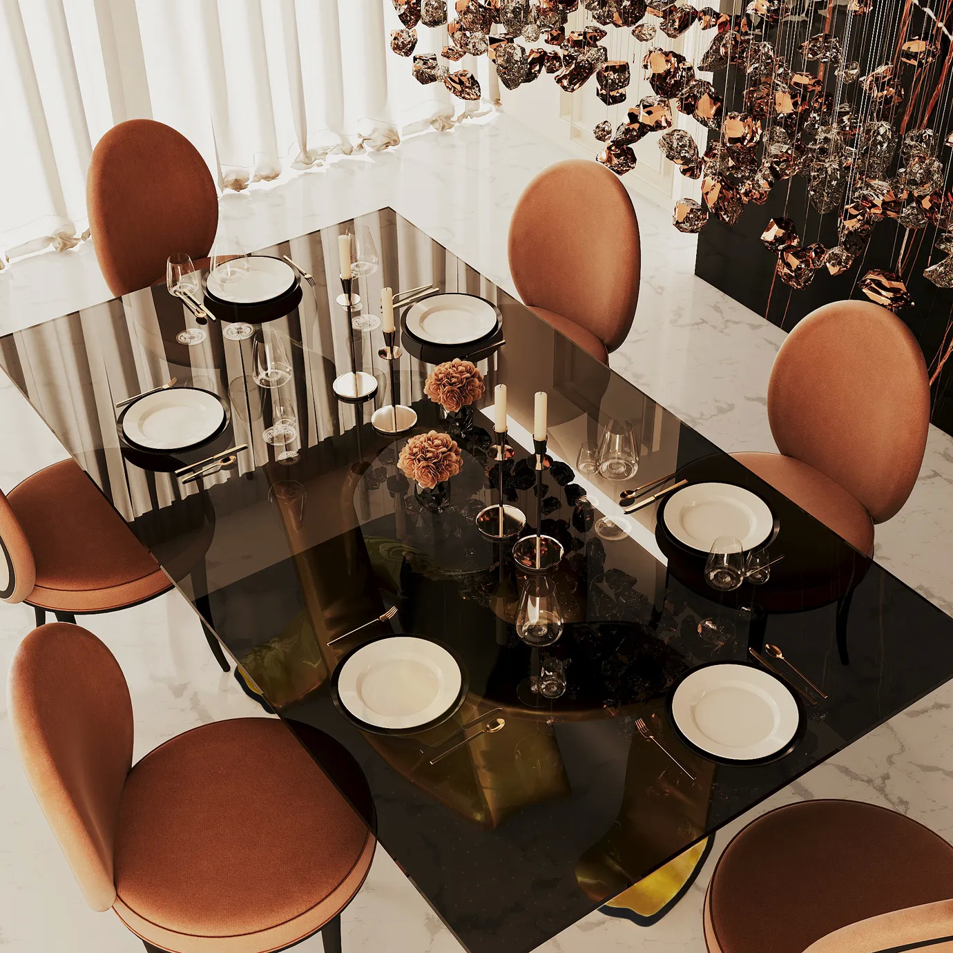 Top view of the elegant Ribbon Broken Gold Leaf Dining Table with chairs in a sophisticated setting.