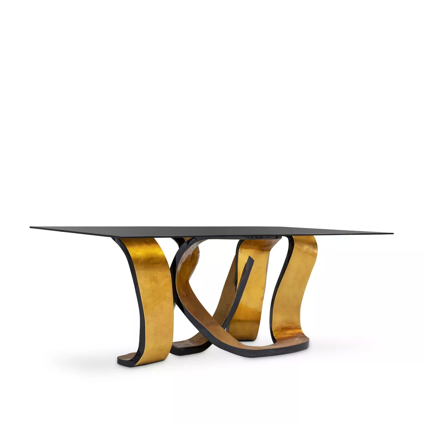 Elegant Ribbon Broken Gold Leaf Dining Table with black glass top and sculptural golden base.