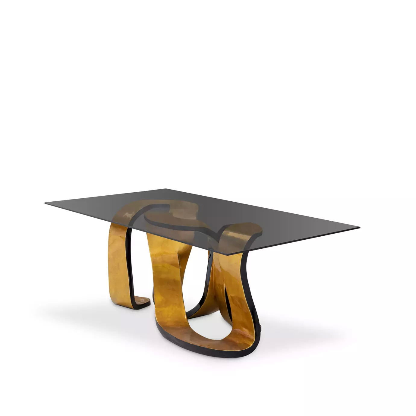 Elegant Ribbon Broken Gold Leaf Dining Table with smoked glass top and fluid golden base.