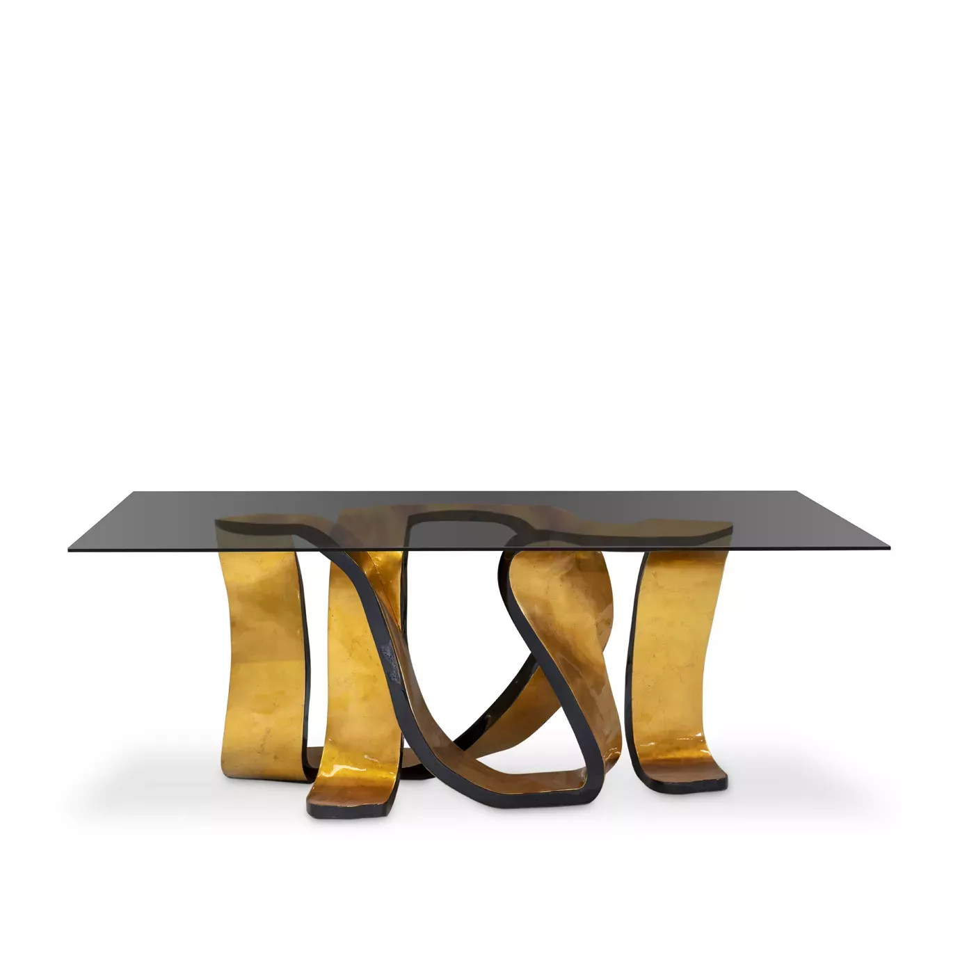 Elegant Ribbon Broken Gold Leaf Dining Table with glass top and sculptural golden base.