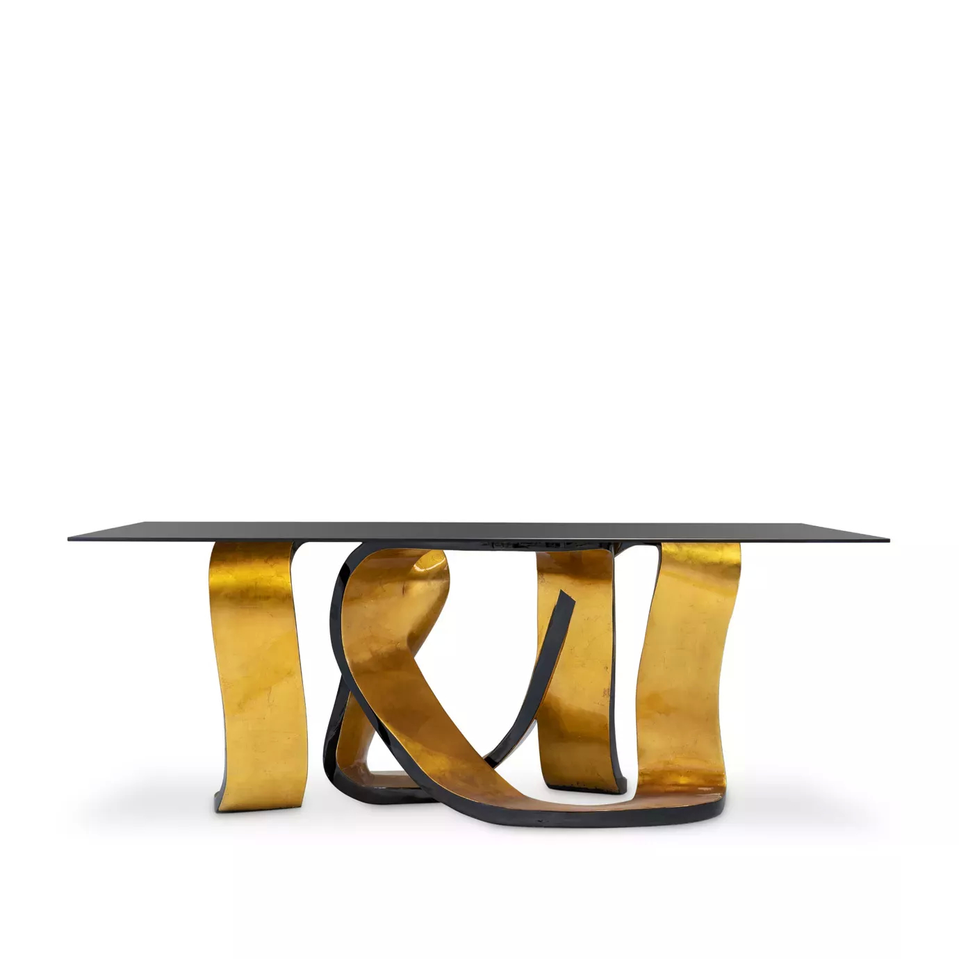 Elegant Ribbon Broken Gold Leaf Dining Table with black glass top and abstract golden base.