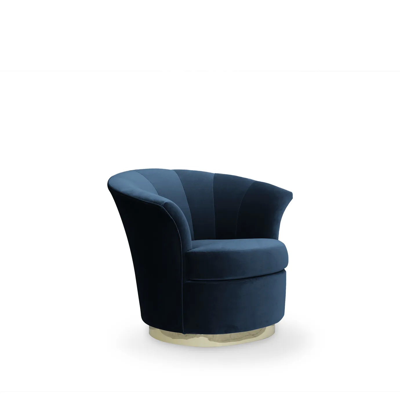 A luxurious Besame Metal Base Chair, upholstered in a deep royal blue velvet with a polished brass base, is featured on a white background.