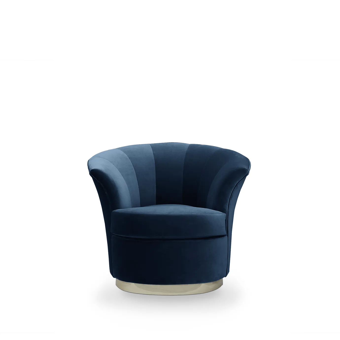 A chic Besame Metal Base Chair in rich blue velvet, featuring a unique fan-shaped back and a polished brass base.