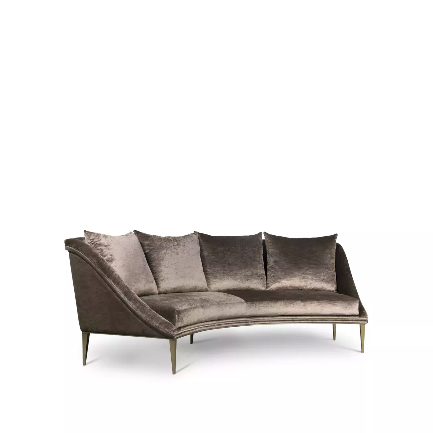 Elegant Geisha Curve Sofa upholstered in brown velvet with matching cushions and golden metal legs.