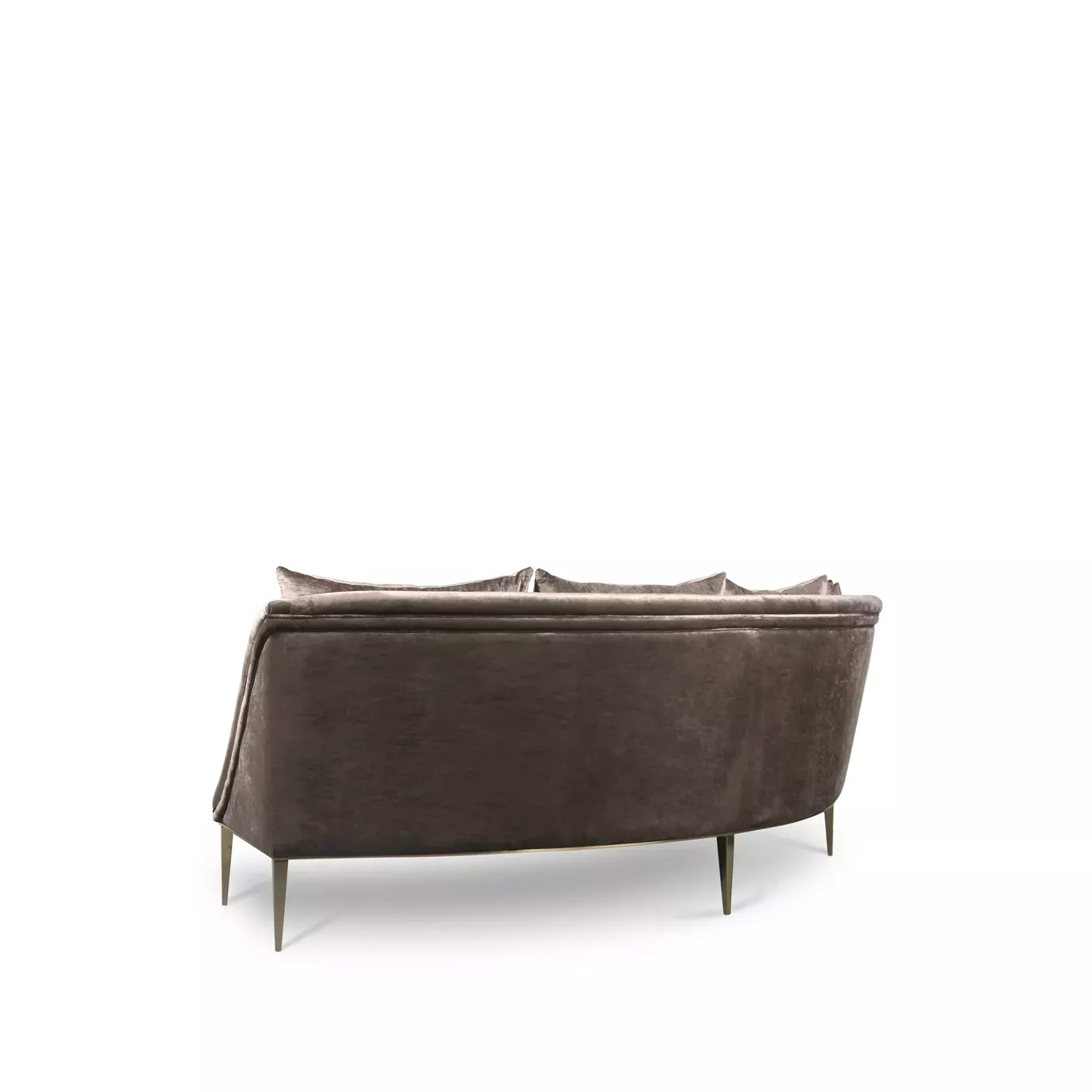 Elegant back side of Geisha Curve Sofa upholstered in brown velvet with matching cushions and golden metal legs.