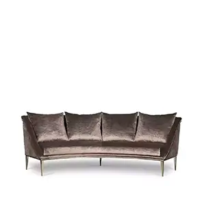 Elegant Geisha Curve Sofa upholstered in brown velvet with matching cushions and golden metal legs.