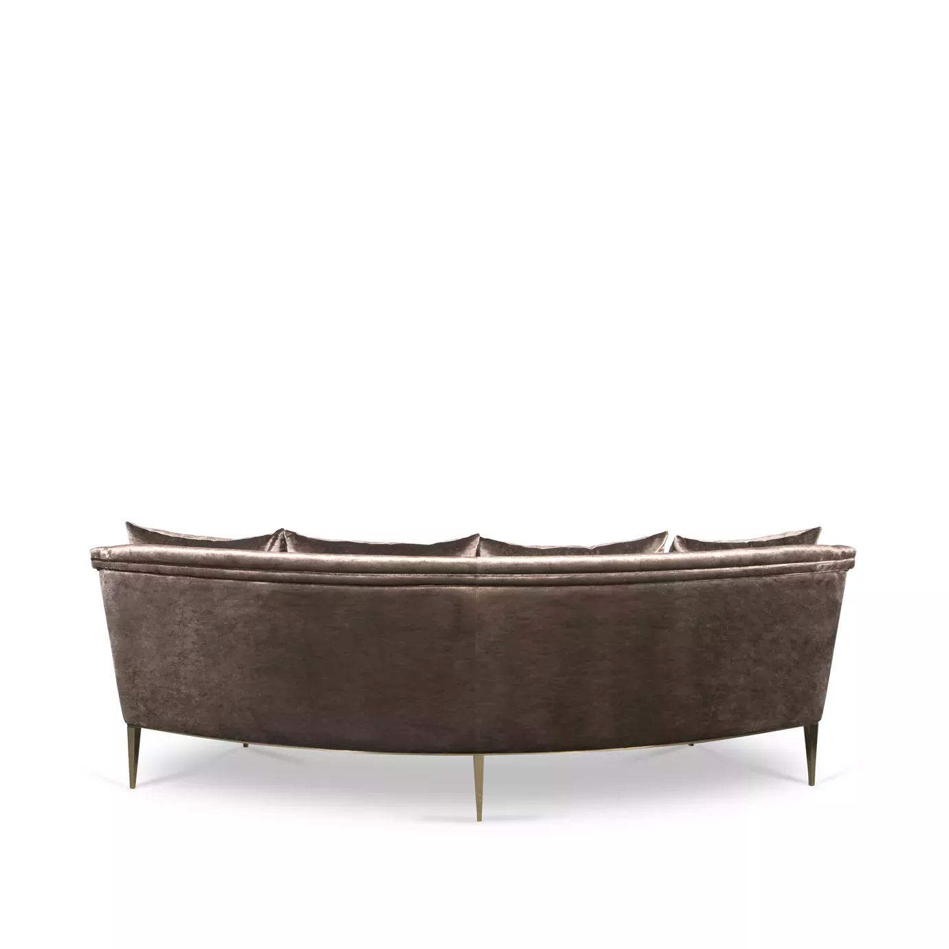 Elegant back side of Geisha Curve Sofa upholstered in brown velvet with matching cushions and golden metal legs.