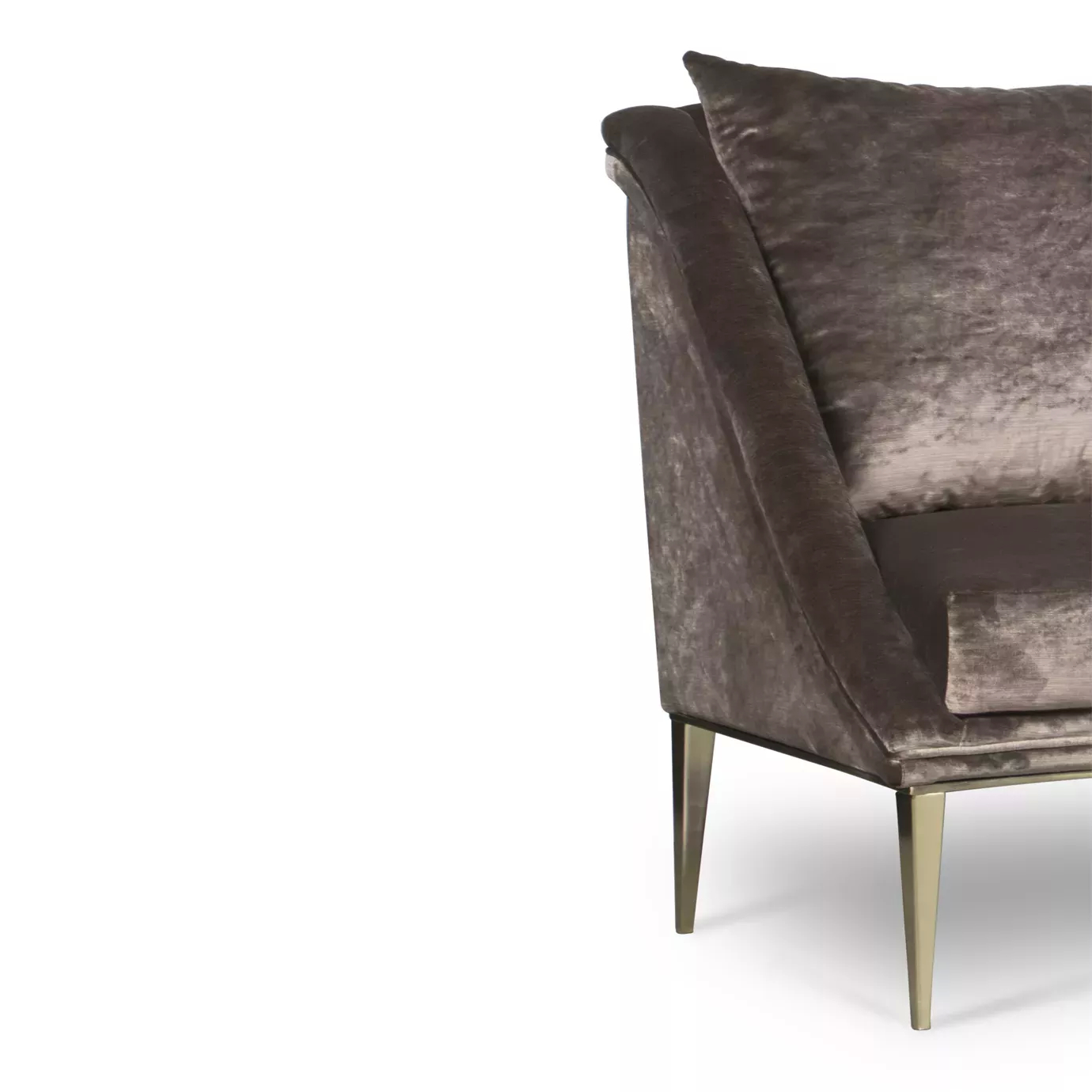 Elegant close-up of the brown velvet upholstery and the golden metal legs of the Geisha Curve Sofa.