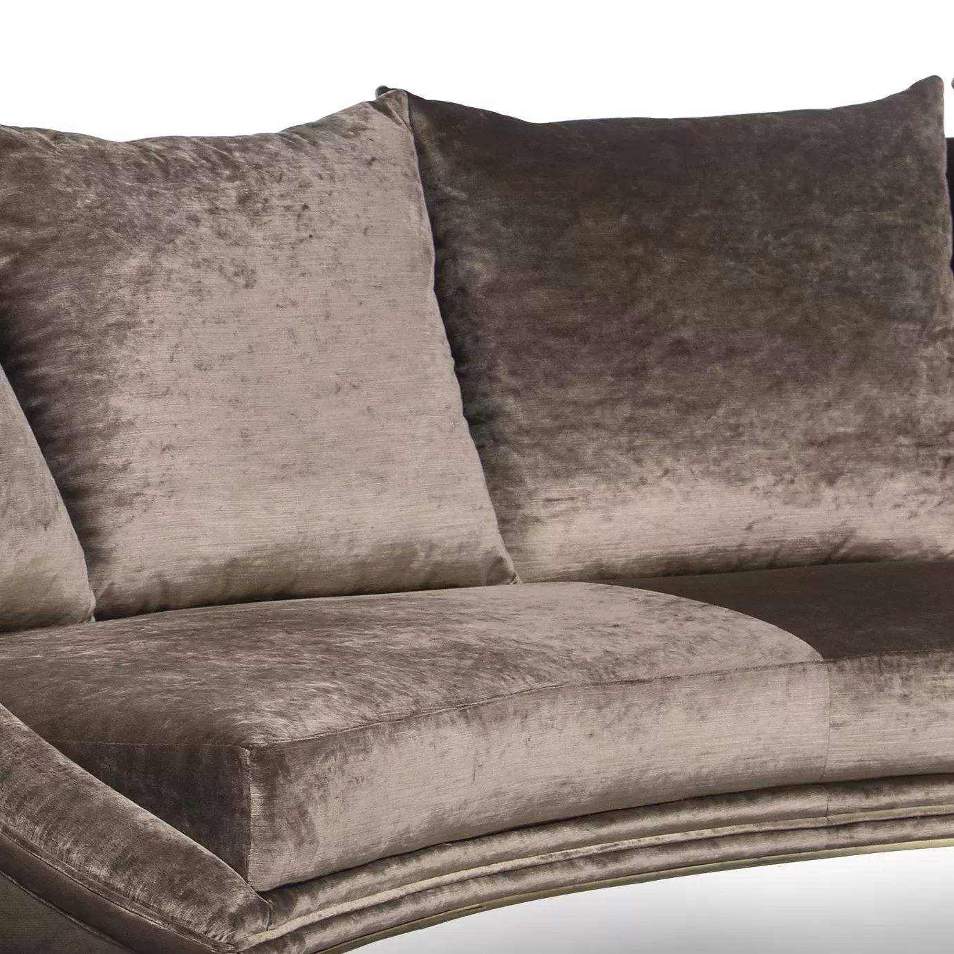 Elegant close-up of the brown velvet upholstery and the matching cushions of the Geisha Curve Sofa