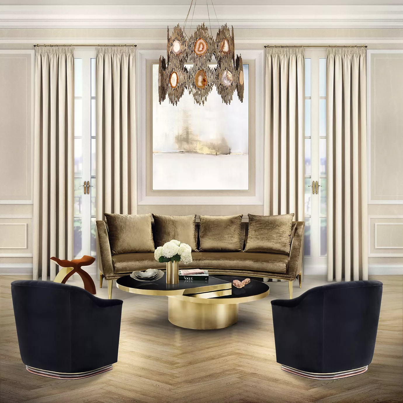 Elegant living room with a Geisha Curve Sofa in brown velvet with matching cushions and golden legs