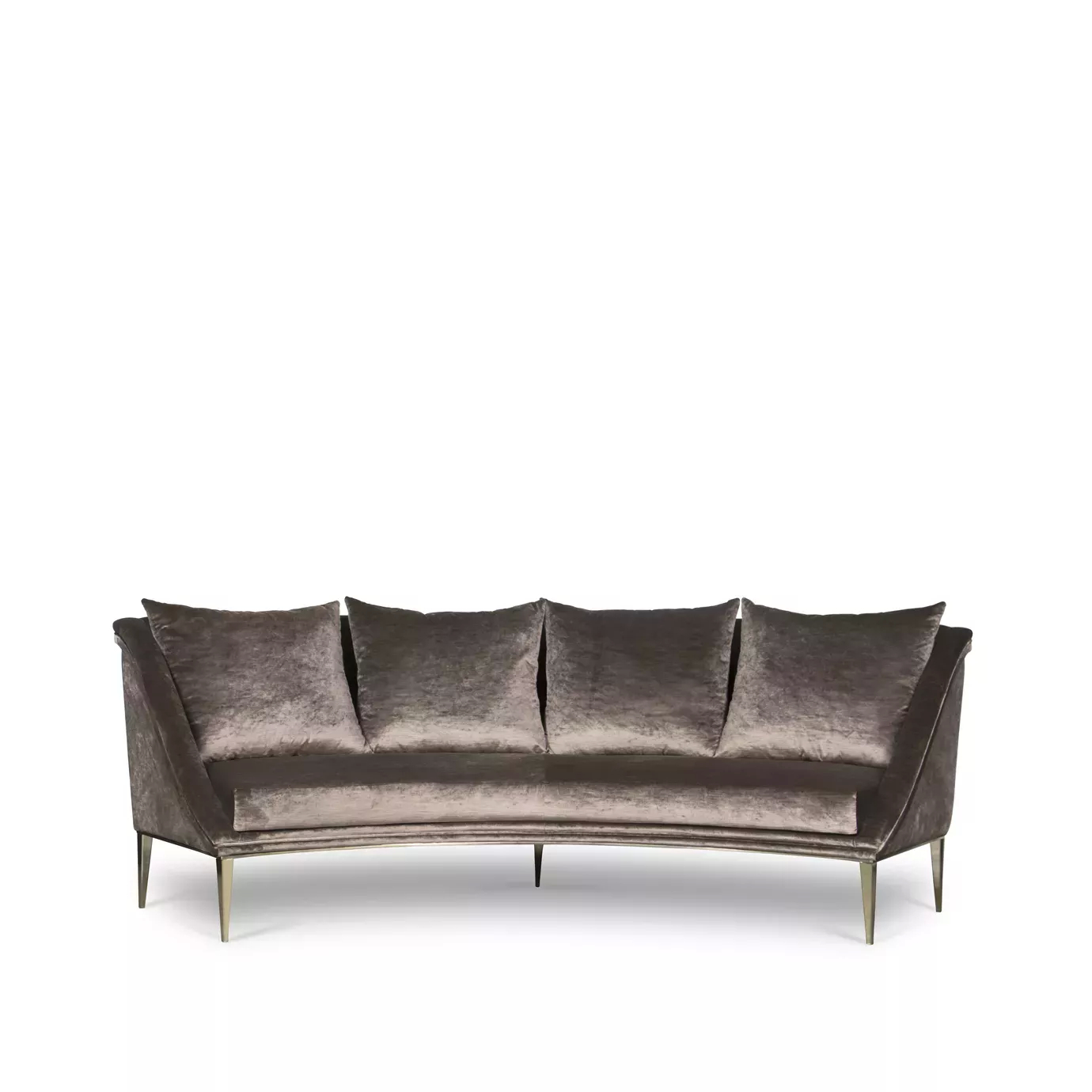 Elegant Geisha Curve Sofa upholstered in brown velvet with matching cushions and golden metal legs.