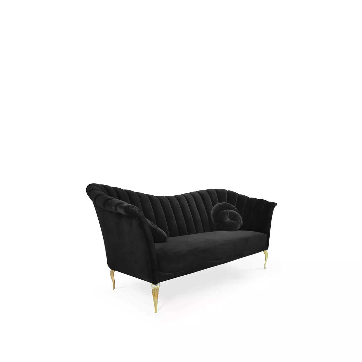 Elegant Caprichosa Sofa with a golden metal base and black velvet upholstery with pleated details and matching round cushions.