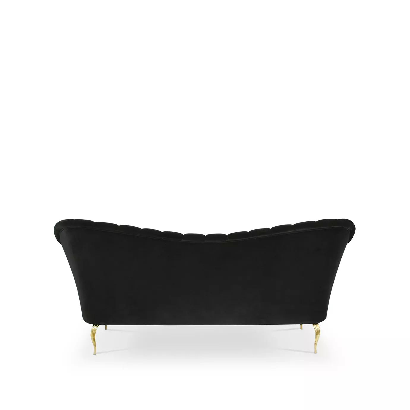 Elegant back side of Caprichosa Sofa with a golden metal base and black velvet upholstery with pleated details and matching round cushions.