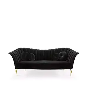 Elegant Caprichosa Sofa with a golden metal base and black velvet upholstery with pleated details and matching round cushions.