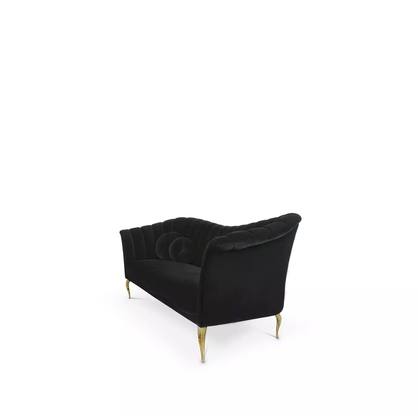 Elegant Caprichosa Sofa with a golden metal base and black velvet upholstery with pleated details and matching round cushions.