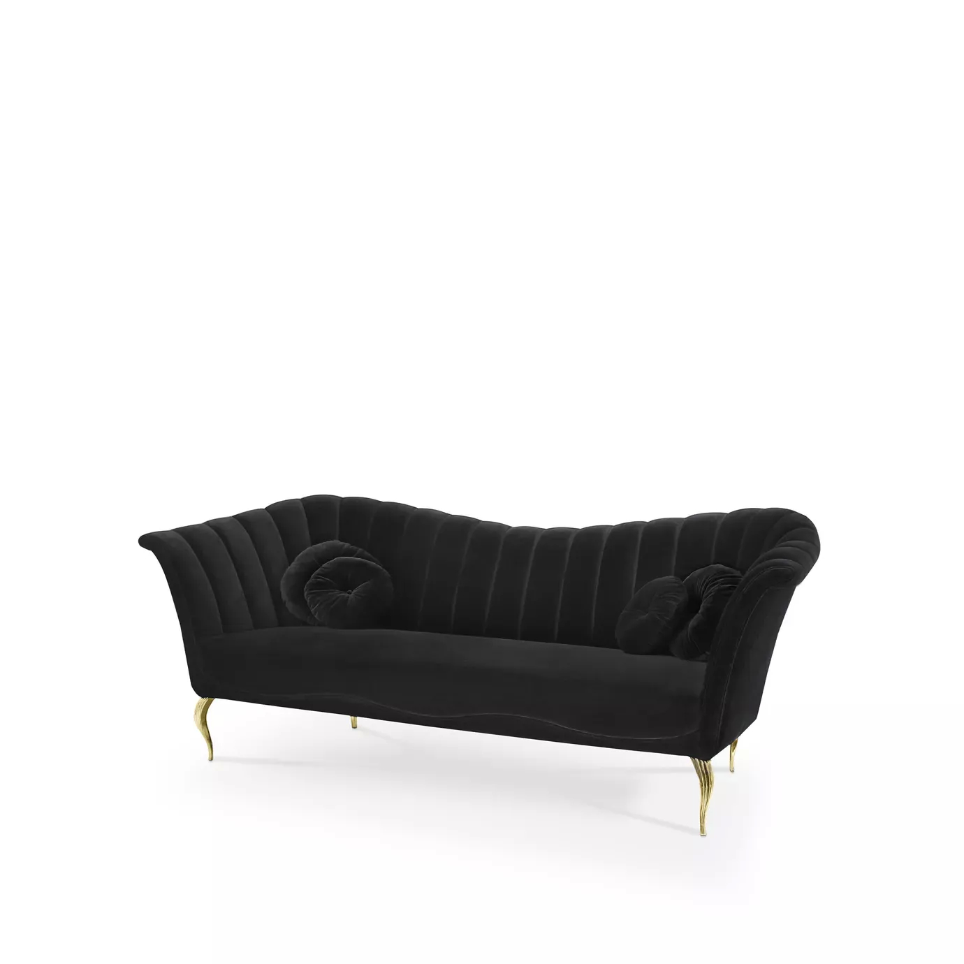 Elegant Caprichosa Sofa with a golden metal base and black velvet upholstery with pleated details and matching round cushions.