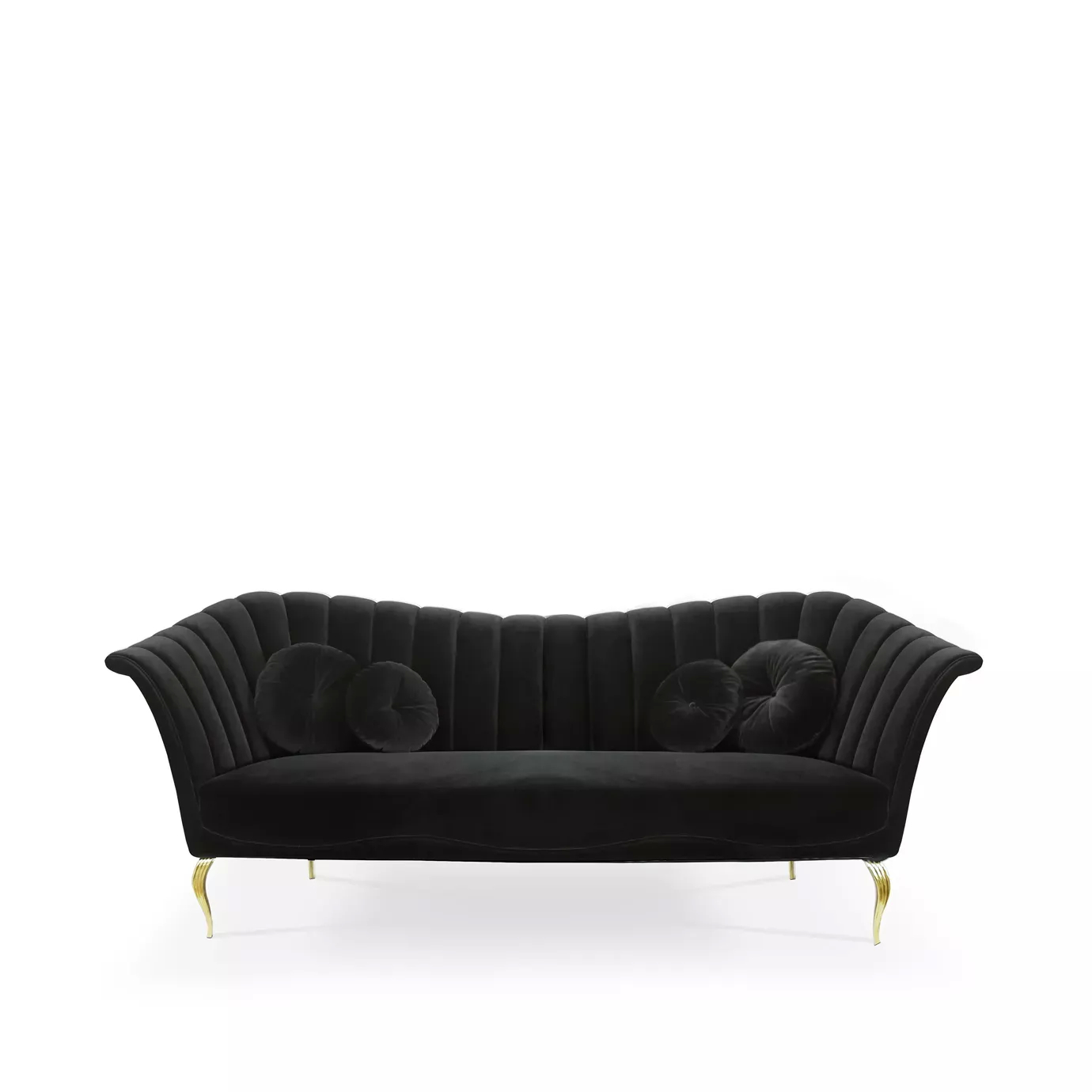 Elegant Caprichosa Sofa with a golden metal base and black velvet upholstery with pleated details and matching round cushions.