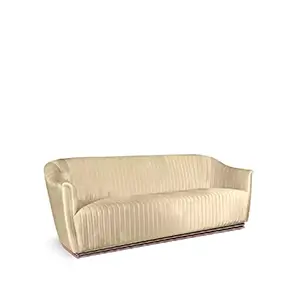 Elegant Mia Sofa upholstered in cream fabric with pleated details and a base with brass.