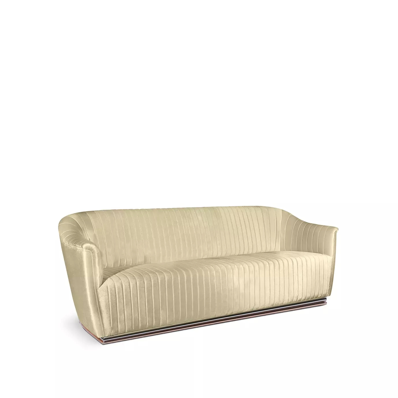Elegant Mia Sofa upholstered in cream fabric with pleated details and a base with brass.