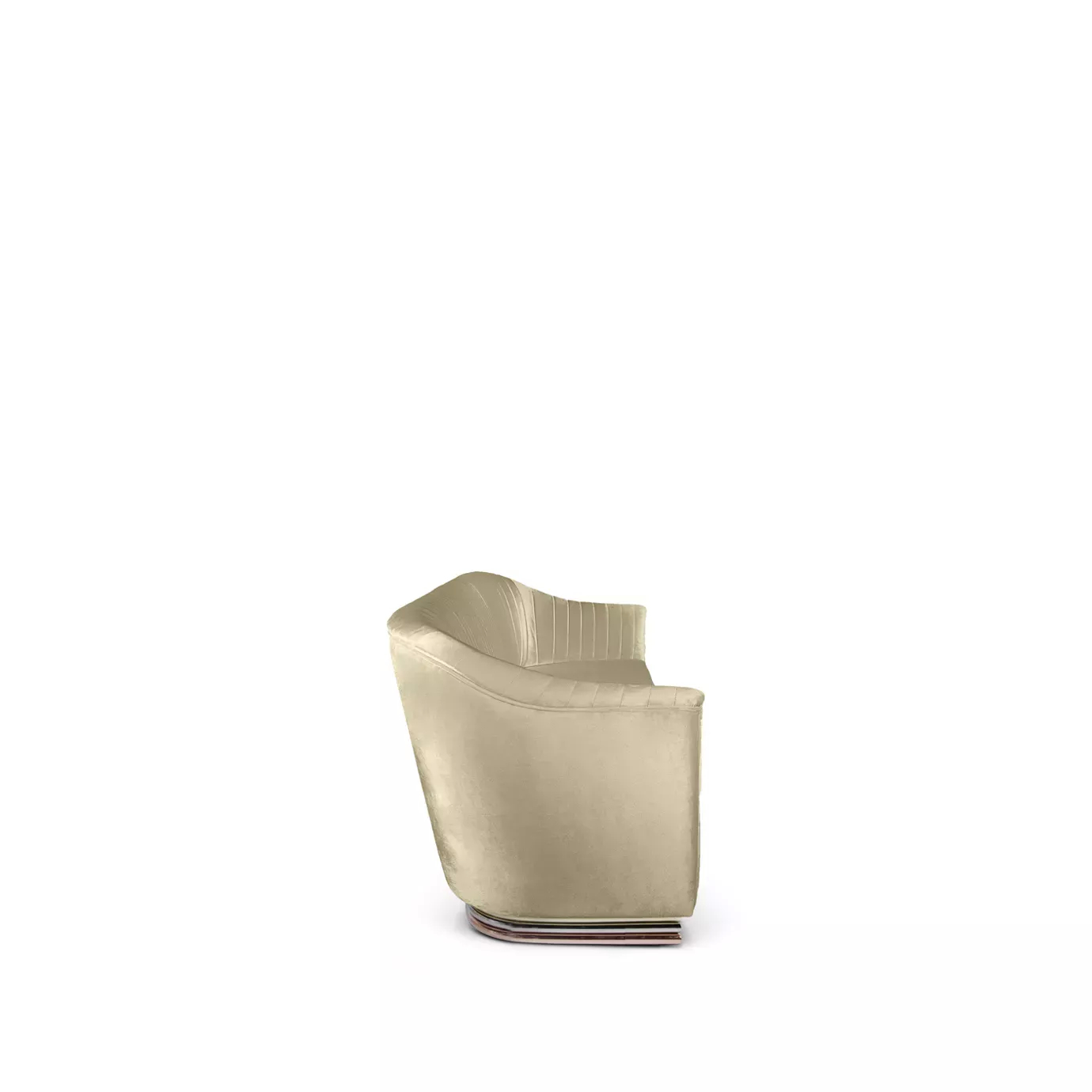 Elegant side view of Mia Sofa upholstered in cream fabric with pleated details and a base with brass.