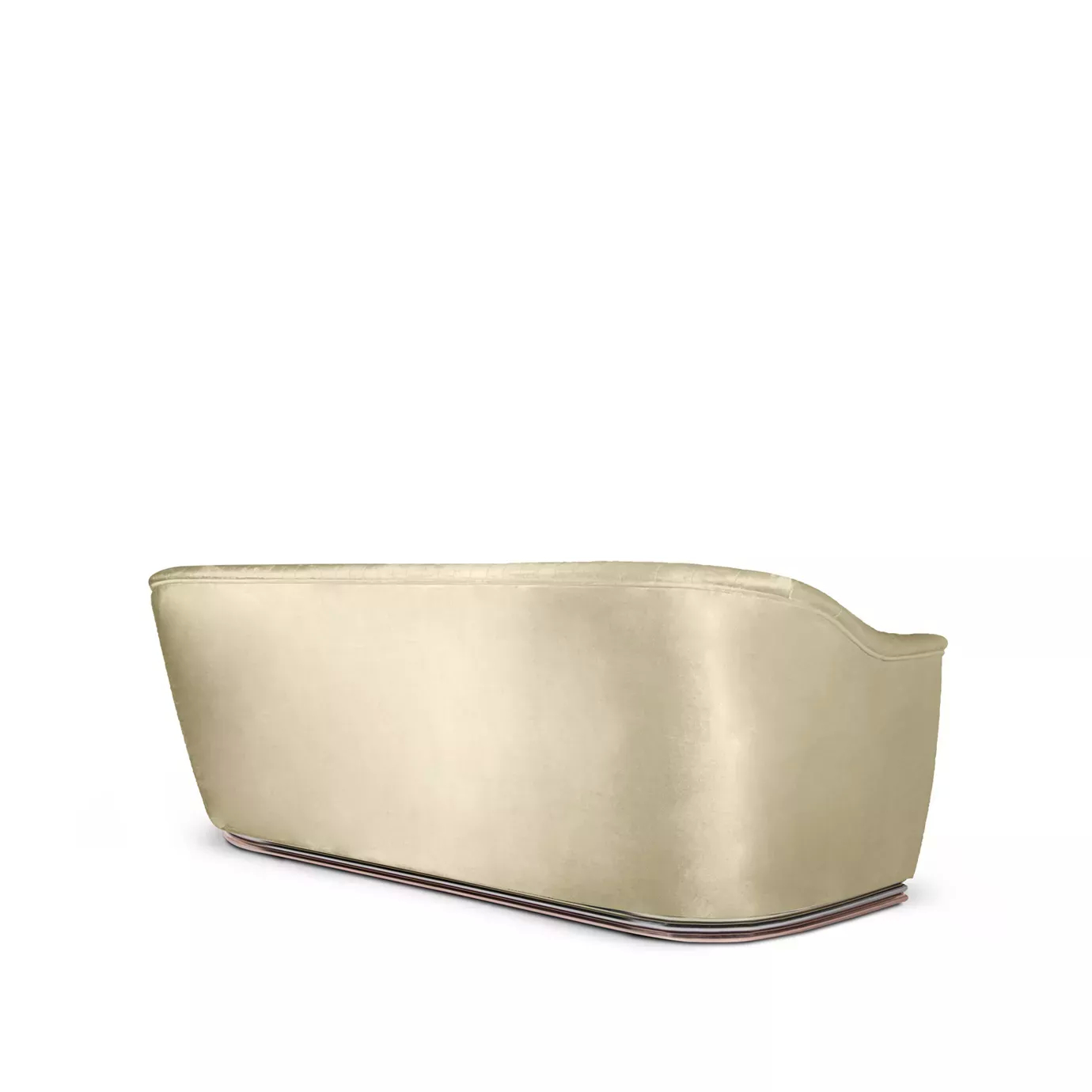 Elegant back side of Mia Sofa upholstered in cream fabric with pleated details and a base with brass.