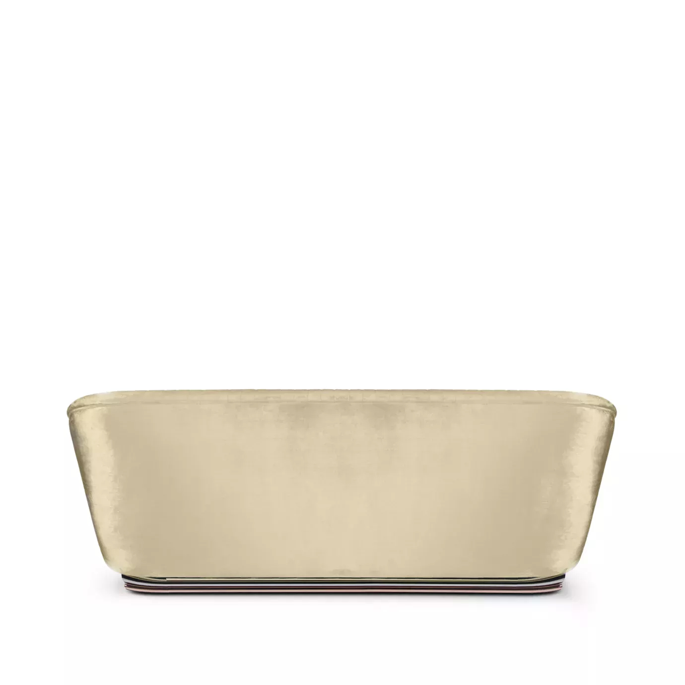 Elegant back side of Mia Sofa upholstered in cream fabric with pleated details and a base with brass.