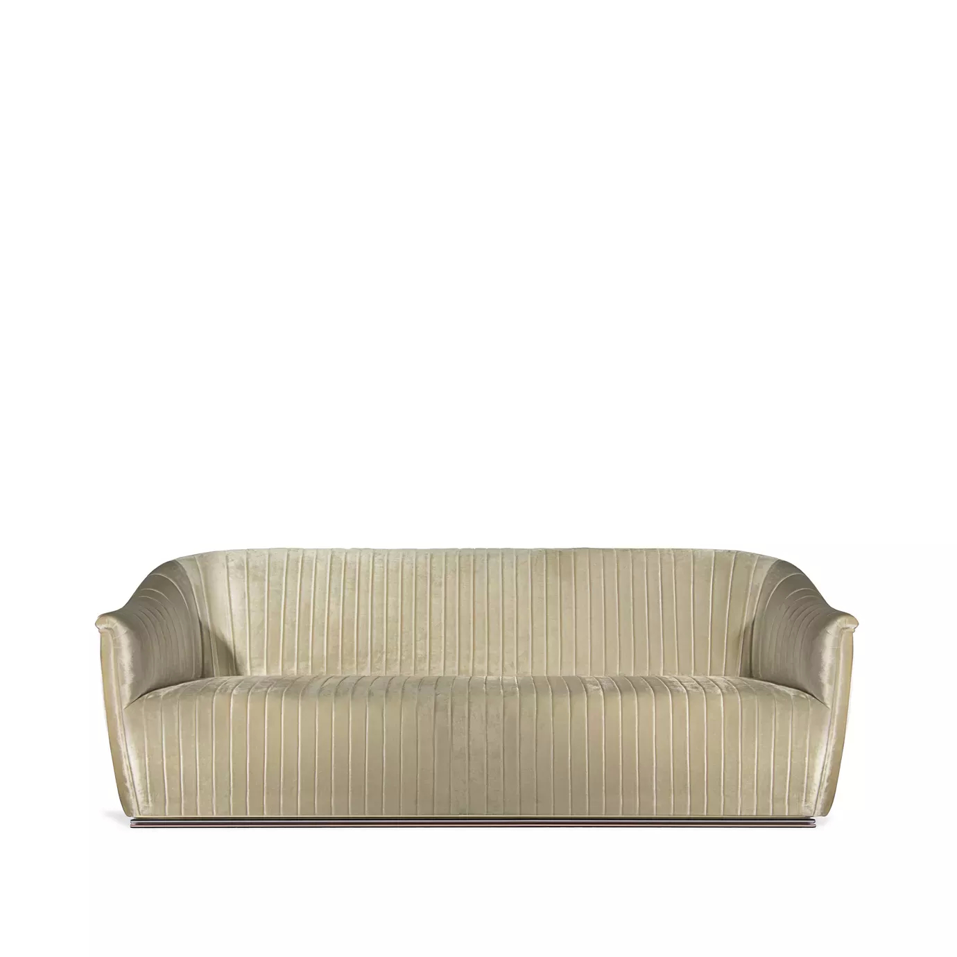 Elegant Mia Sofa upholstered in cream fabric with pleated details and a base with brass.