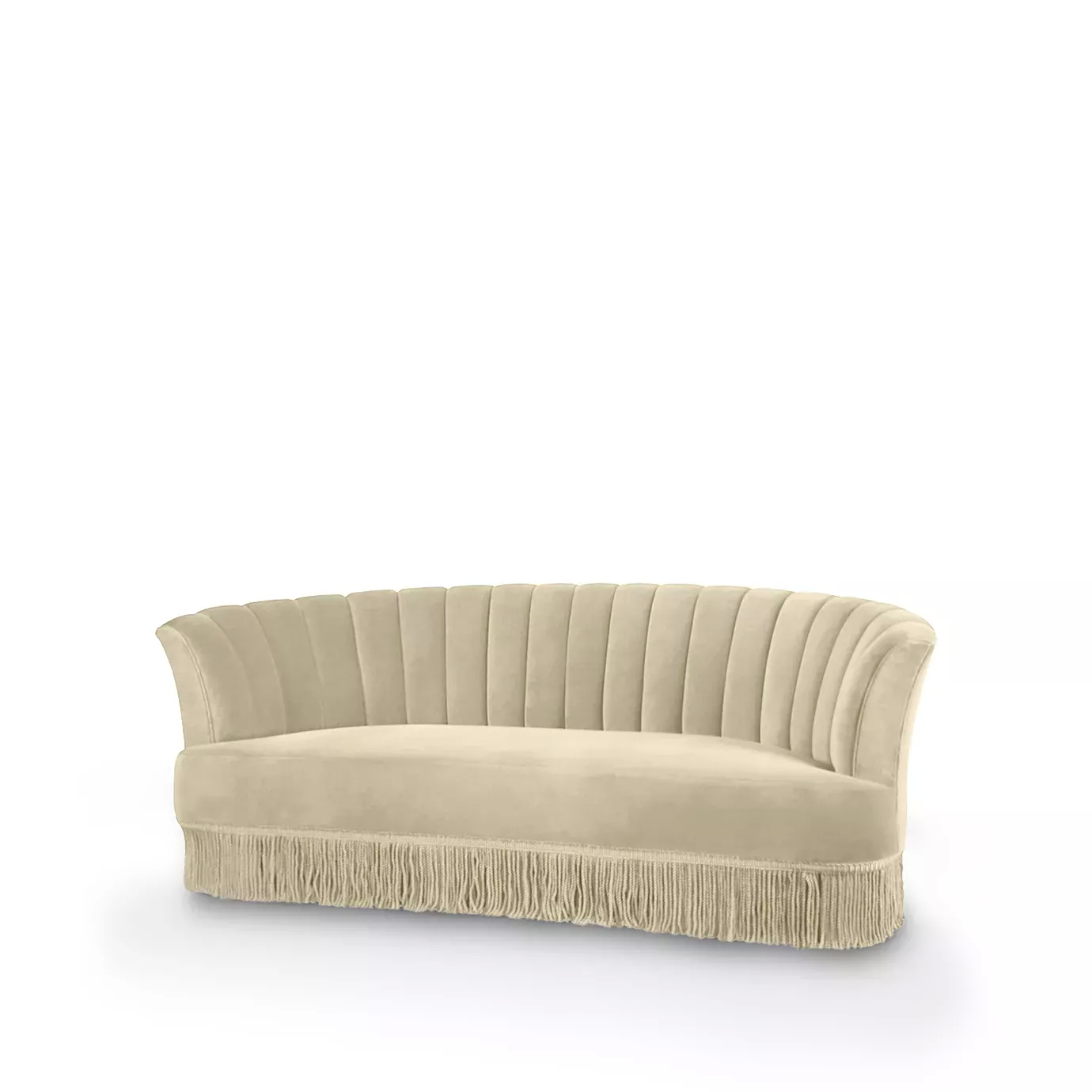 Elegant Sevilliana Sofa upholstered in cream fabric with pleated details on the backrest and a long fringe at the base.