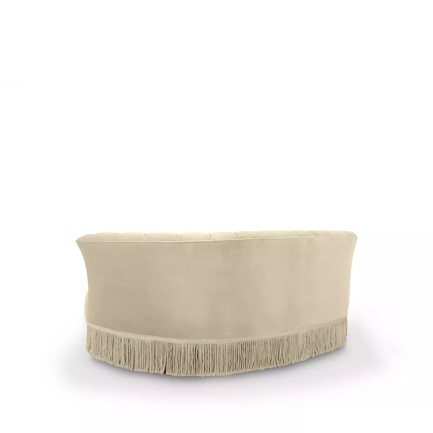 Elegant back side of Sevilliana Sofa upholstered in cream fabric with pleated details on the backrest and a long fringe at the base.