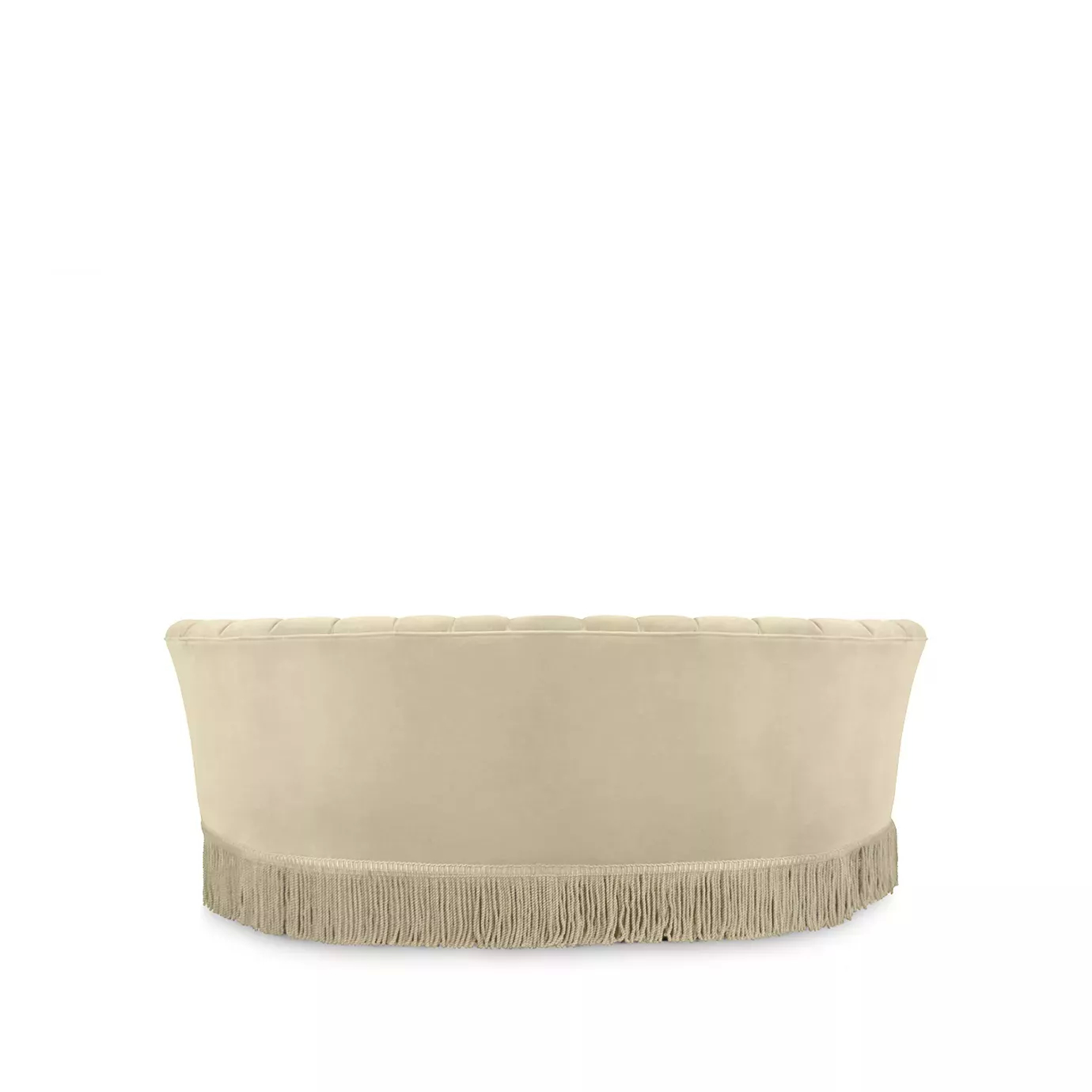 Elegant back side of Sevilliana Sofa upholstered in cream fabric with pleated details on the backrest and a long fringe at the base.